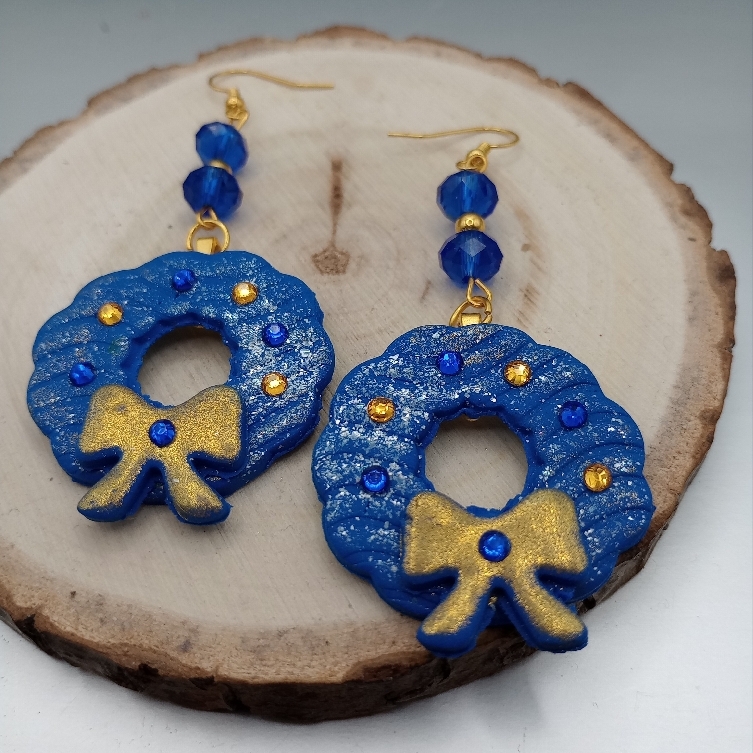 Handmade Blue And Gold Wreath Earrings 15$